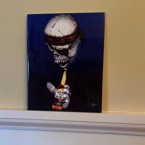 Skull with Beer Bottle Wall Art - Blue and White